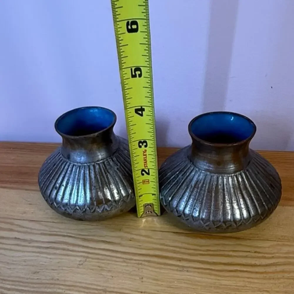 Vintage Pair Small Ribbed Metal Bud Vases Blue Enamel Interior China